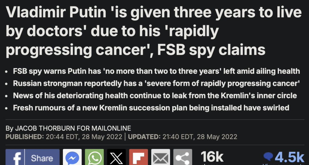 BrianMcDonaldIE's tweet photo. Four years ago, today, Britain’s best-selling newspaper declared Putin had “no more than three years to live.”    

Next time you’re lectured about “Russian disinformation,” it might be worth squinting a little at home too. https://t.co/4LRHI0lMEa