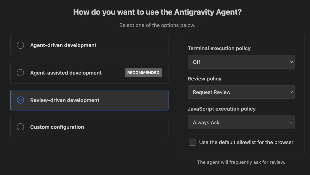 Using <a href="/antigravity/">Google Antigravity</a> for the first time and THIS is such a good screen! Great product work, hats off! <a href="/Google/">Google</a>