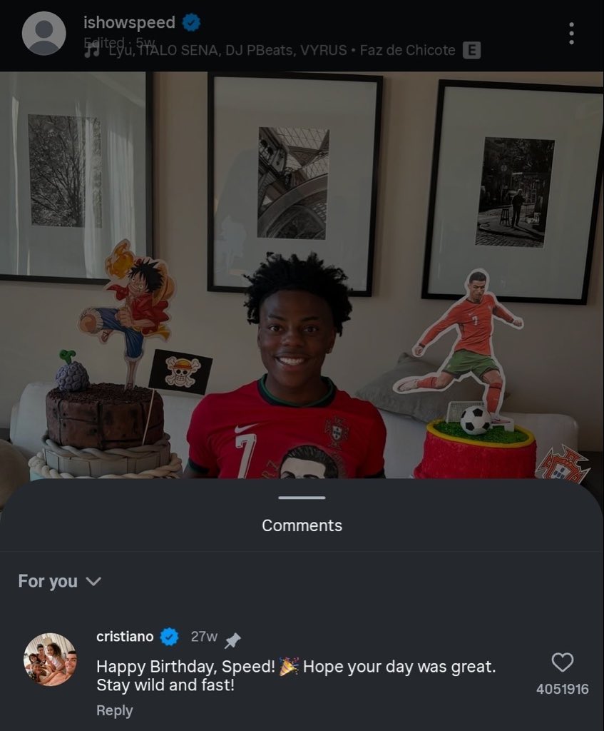 O post do Cristiano Ronaldo dando parabéns para o Speed bateu 4 MILHÕES de likes no Instagram.