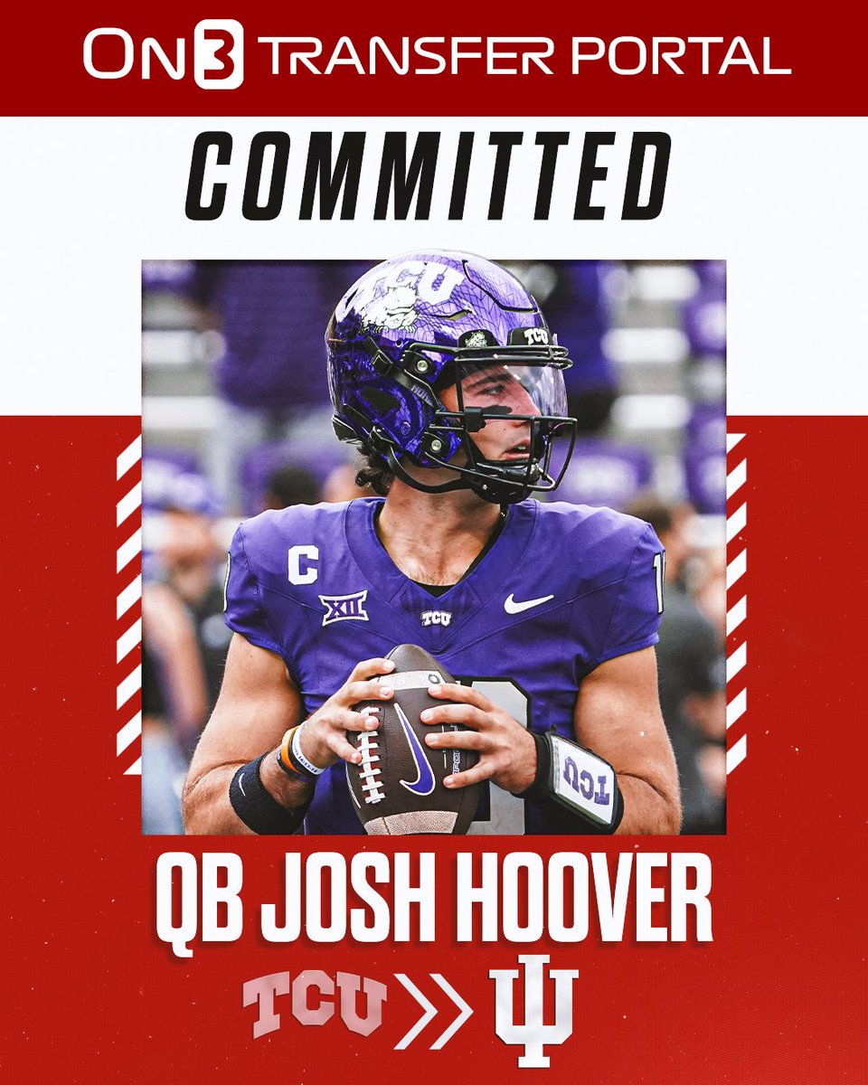 On3sports's tweet image. BREAKING: TCU transfer QB Josh Hoover has committed to Indiana, @PeteNakos reports🔴⚪️

on3.com/transfer-porta…