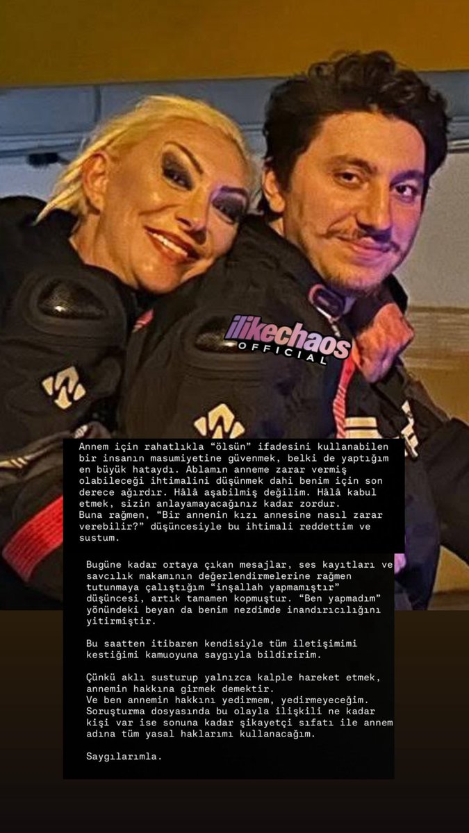 Tuğberk Yağız açıklamasıyla şoke etti  👇

“Annem için ‘ölsün’ ifadesini kullanabilen bir insanın masumiyetine güvenmek, büyük hataydı. ‘Ben yapmadım’ yönündeki beyan da benim nezdimde inandırıcılığını yitirmiştir.
Bu saatten itibaren kendisiyle tüm iletişimi kesiyorum!”

#Güllü