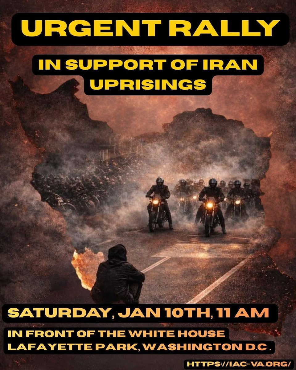 دعوت به تظاهرات در حمایت از قیام مردم #ایران
واشنگتن دی سی
شنیه ۱۰ ژانویه
مقابل کاخ سفید 
ساعت ۱۱ صبح
#FreeIran2026 
Join us to support #Iran uprisings
Saturday Jan 10th,
11:00 am
Cross the street from <a href="/WhiteHouse/">The White House</a>