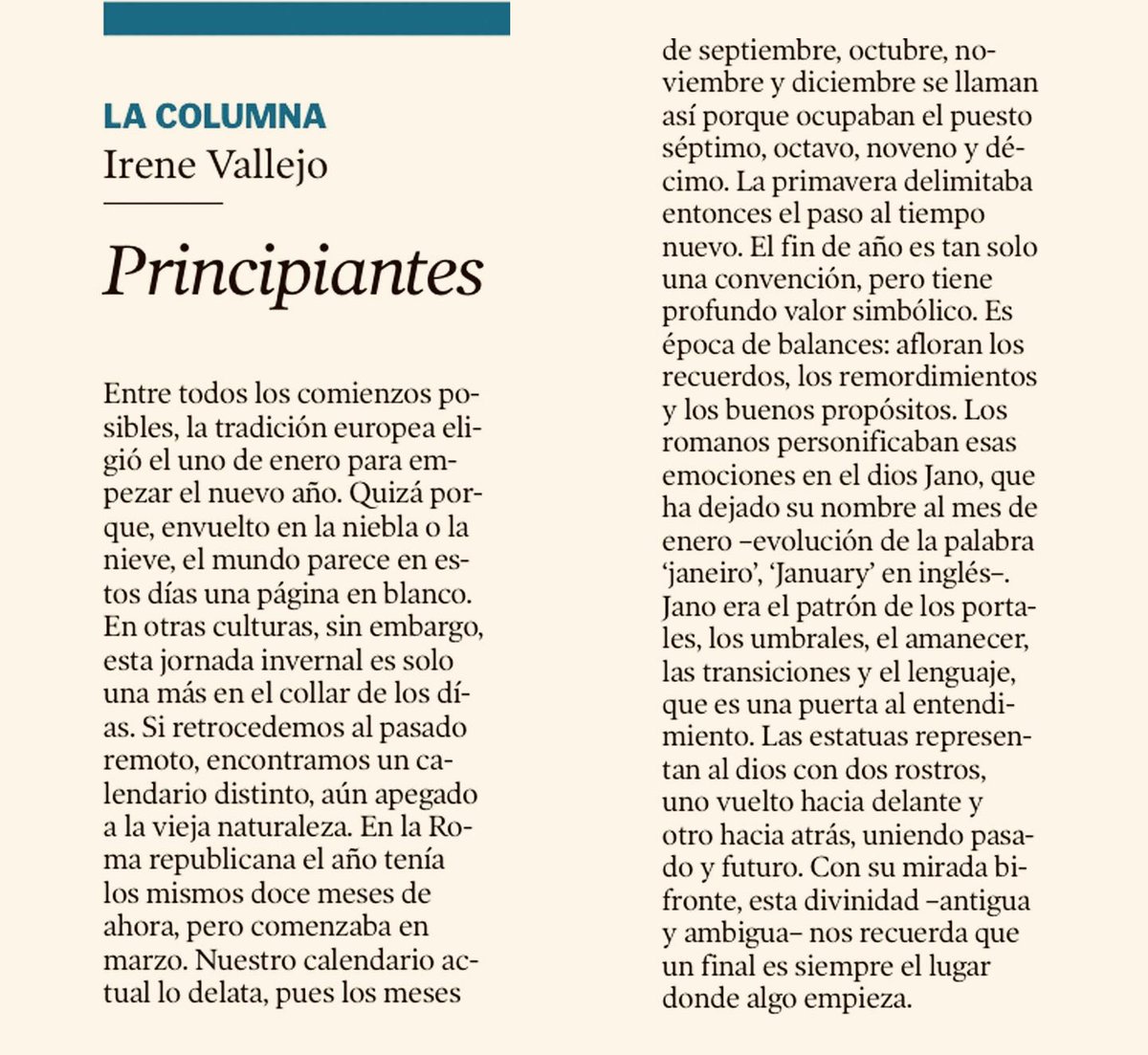 Principiantes 

Empieza enero/janeiro/January, el mes del dios bifronte Jano, patrón de los portales, los umbrales, el amanecer, las transiciones y el lenguaje.

📚 Patricia Highsmith tituló una novela “Las dos caras de enero” (The Two Faces of January) 🎭

<a href="/heraldoes/">Heraldo de Aragón</a>