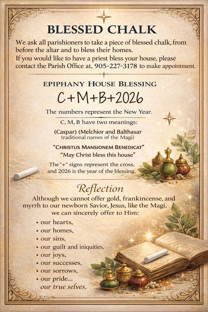 OlhrChurch's tweet image. ✨ Blessed Chalk – Epiphany House Blessing ✨

#Epiphany #BlessedChalk #HouseBlessing #FaithAtHome #ChristBlessThisHouse #CatholicTradition #OurLadyOfTheHolyRosary #Epiphany2026 ✨