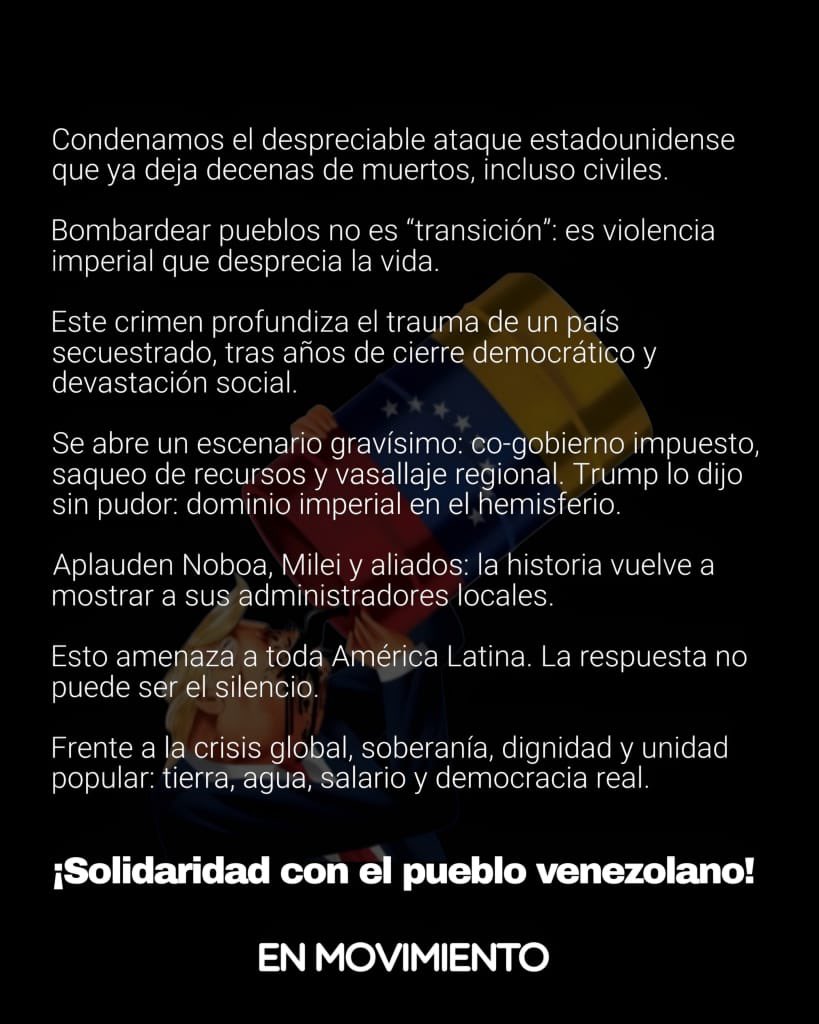 enmovimientope's tweet image. Rechazamos el ataque imperial de EE.UU. contra Venezuela.
Bombardear un país y asesinar civiles no es “democracia” ni “transición”: es guerra, saqueo y dominación.
América Latina no puede callar frente a esta agresión.
Solidaridad con el pueblo venezolano. No al imperialismo. ✊🏽
