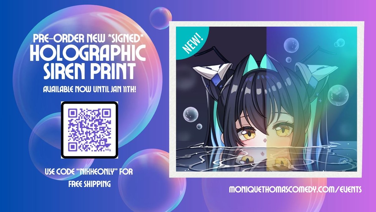Since my beautiful brand new holographic print by <a href="/missnekopon/">Nekopon 🌸 Waifu Artist</a> didn’t arrive in time for yesterday’s event, I’ve extended the deadline to order yours til next Sunday Jan 11th! And you can now get FREE shipping with the code “NIKKEONLY” as a thank you to anyone that attended the
