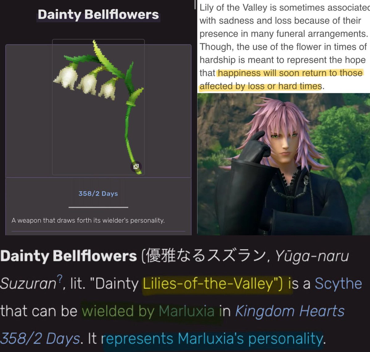 donalddefender's tweet image. in 358/2 days, the weapon “Dainty Lillies-of-the-Valley” is used to represent Marluxia’s personality….

which of course could mean nothing
