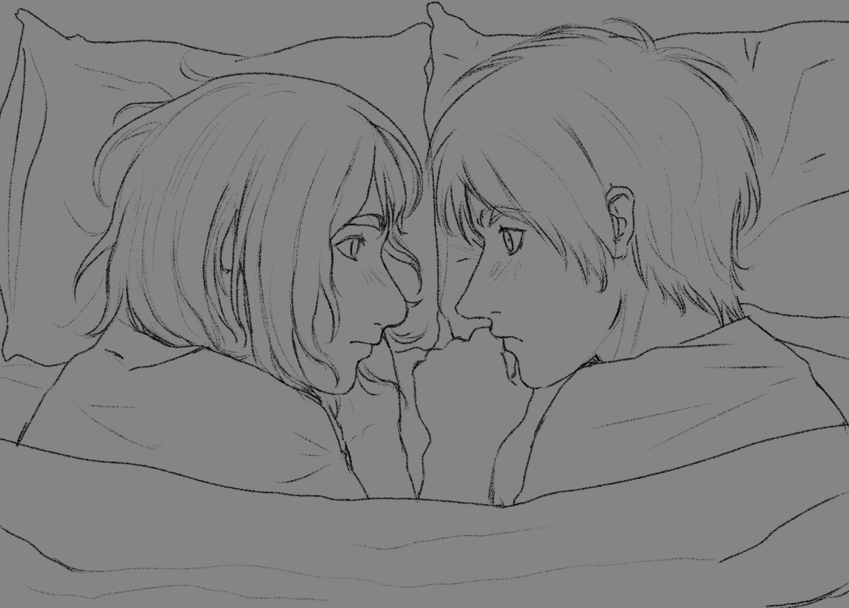 lately been thinking about eremin sharing a bunk or maybe a tent and being as close as possible and staring at eachother really hard  but not actually doing anything (wip)