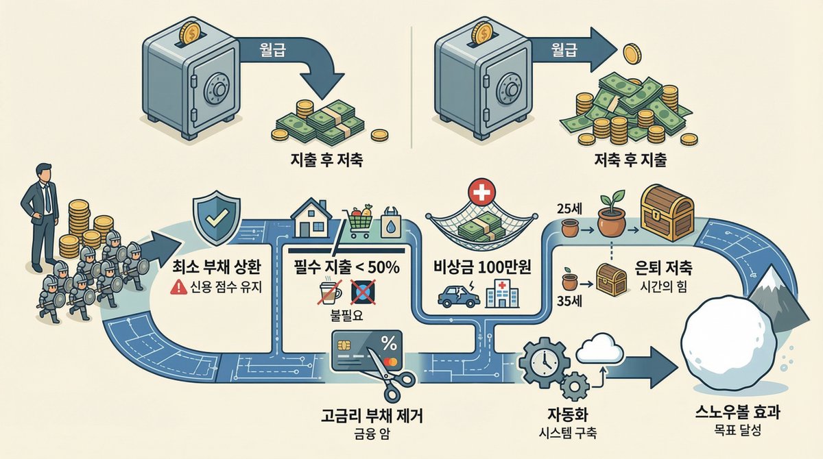 괜찮은 돈 버는데 왜 통장은 항상 바닥인지 궁금한 적 있어요? 대부분 사람들이 하는 실수가 있어요. 남은 걸 저축하려고 해요. 근데 부자들은 반대로 해요. 저축하고 남은 걸 써요.

돈을 군대라고 생각해보세요. 명확한 임무 없이 풀어놓으면 그냥 사라져요. 근데 각 병사가 정확히 어디로 가야