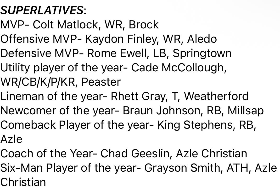 I would like to thank <a href="/GMsportsmedia1/">GM Sports Media</a> and <a href="/RealNolanRuth/">Nolan Ruth</a> for selecting me to be the Parker County UTILITY POTY for the second year in a row!!!
<a href="/PeasterFBALL/">Peaster Football</a> <a href="/Coach_Pelz/">Jeremy Pelz</a> <a href="/CoachDJWagner/">Coach Dylan Wagner</a> <a href="/CoachSnyde/">Will</a> <a href="/iam_alinedouard/">Coach Alin Edouard</a> <a href="/Coach_Blaize/">Benny Blaize</a> <a href="/TrevorOwens81/">Trevor Owens</a> <a href="/JeffTFrick/">Coach Frick</a> <a href="/ProfessorDiggs/">Matt Diggs</a>