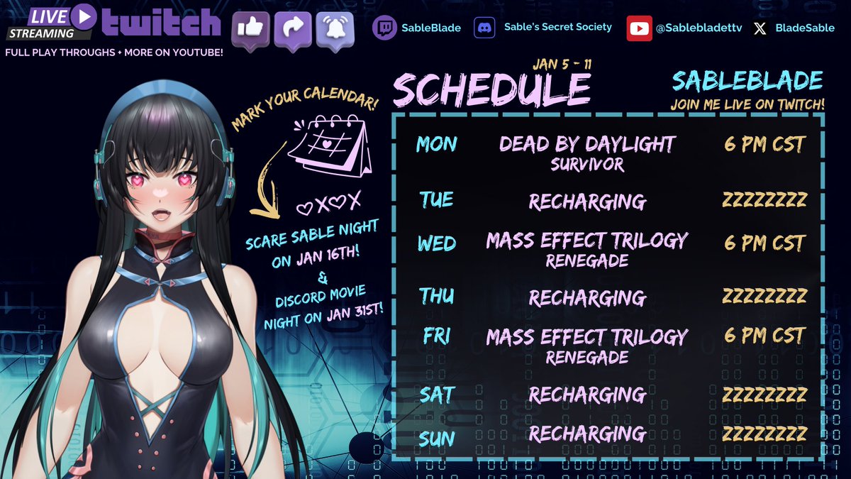BladeSable's tweet image. Schedule for this week! DBD and more of my Mass Effect Renegade playthrough! Come join me! #Vtuber #twitch #twitchstreamer #streamer #MassEffect  #dbd #DeadbyDaylight #MassEffectTrilogy