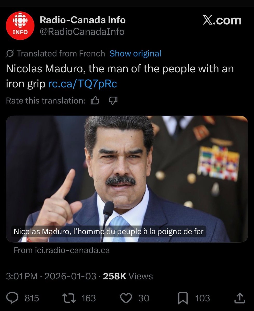 ‼️According to the government-funded CBC, Nicolas Maduro is a “man of the people”.‼️

The man who oppressed Venezuelans for over a decade and jailed political opponent is not a “man of the people”. 

Let’s be clear…Maduro is a brutal and oppressive dictator. If the CBC needs