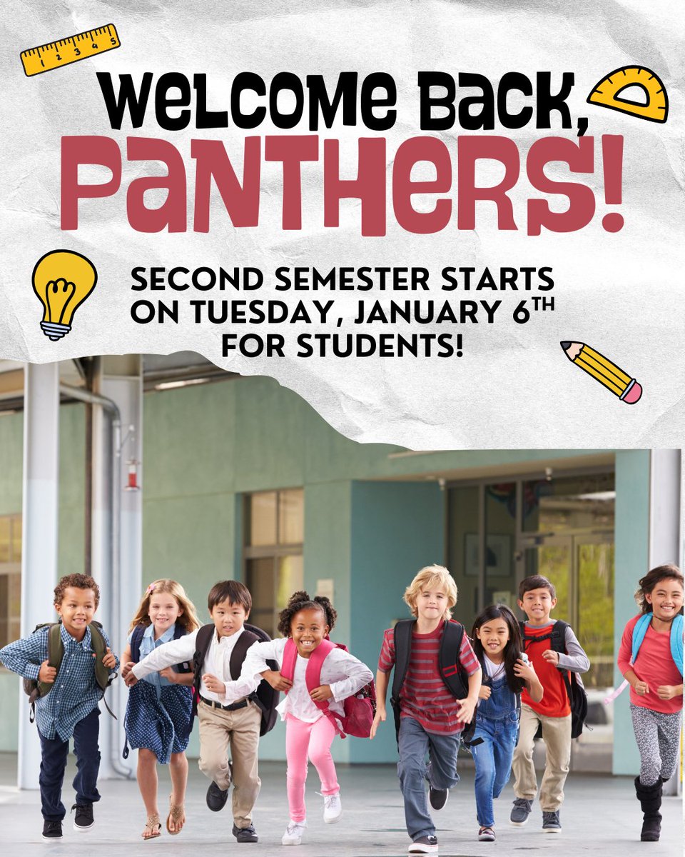 We're excited to have you back Panthers!
Quick reminder that tomorrow is a teacher in-service day.  Students return Tuesday, January 6th!