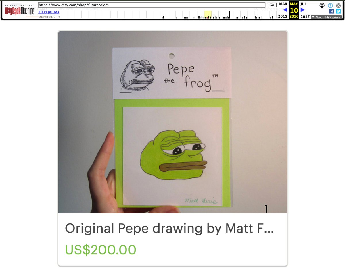 OriginalPepeVIP's tweet image. $PEPE. Before the clones. The meme that started it all. Hand-drawn by @Matt_Furie and sold on Etsy before the meme ever hit 4chan. 🐸

0x06d2A1B07Fa6C0181b70C7Dd37426c83B84Ec8b9

🐸originalpepe.vip
🐸t.me/originalpepevip

🐸Proof of Narrative:
web.archive.org/web/2016051007…