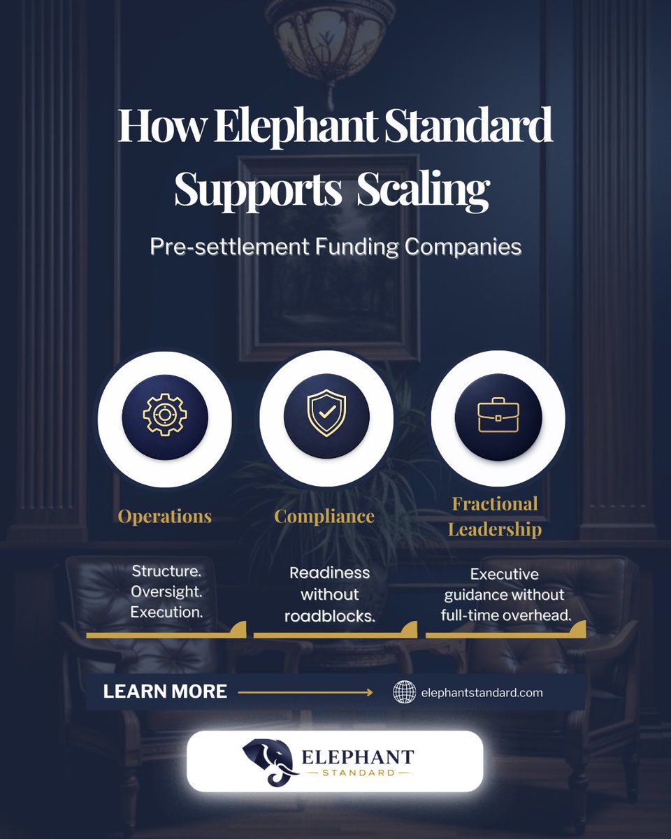 ElephStandard's tweet image. Strong operations don’t happen by accident.

Scaling pre-settlement funding companies need structure, compliance readiness, and leadership — without full-time overhead.

@elephantstandard

#Operations 
#PreSettlementFunding #BusinessGrowth
