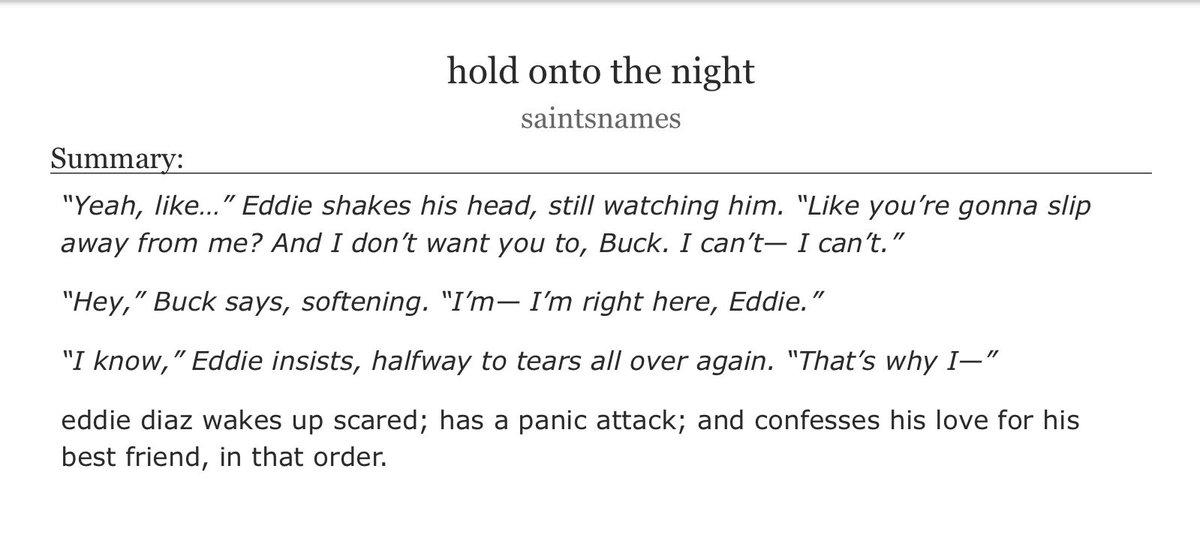 junebegins's tweet image. — hold onto the night 

4.2k | oneshot 

⭐️ eddie has a panic attack
⭐️ buddie roommates
⭐️ feelings realization/confession 
⭐️ soft buddie &amp;lt;3 
⭐️ first kiss!! 

🔗 archiveofourown.org/works/77100761