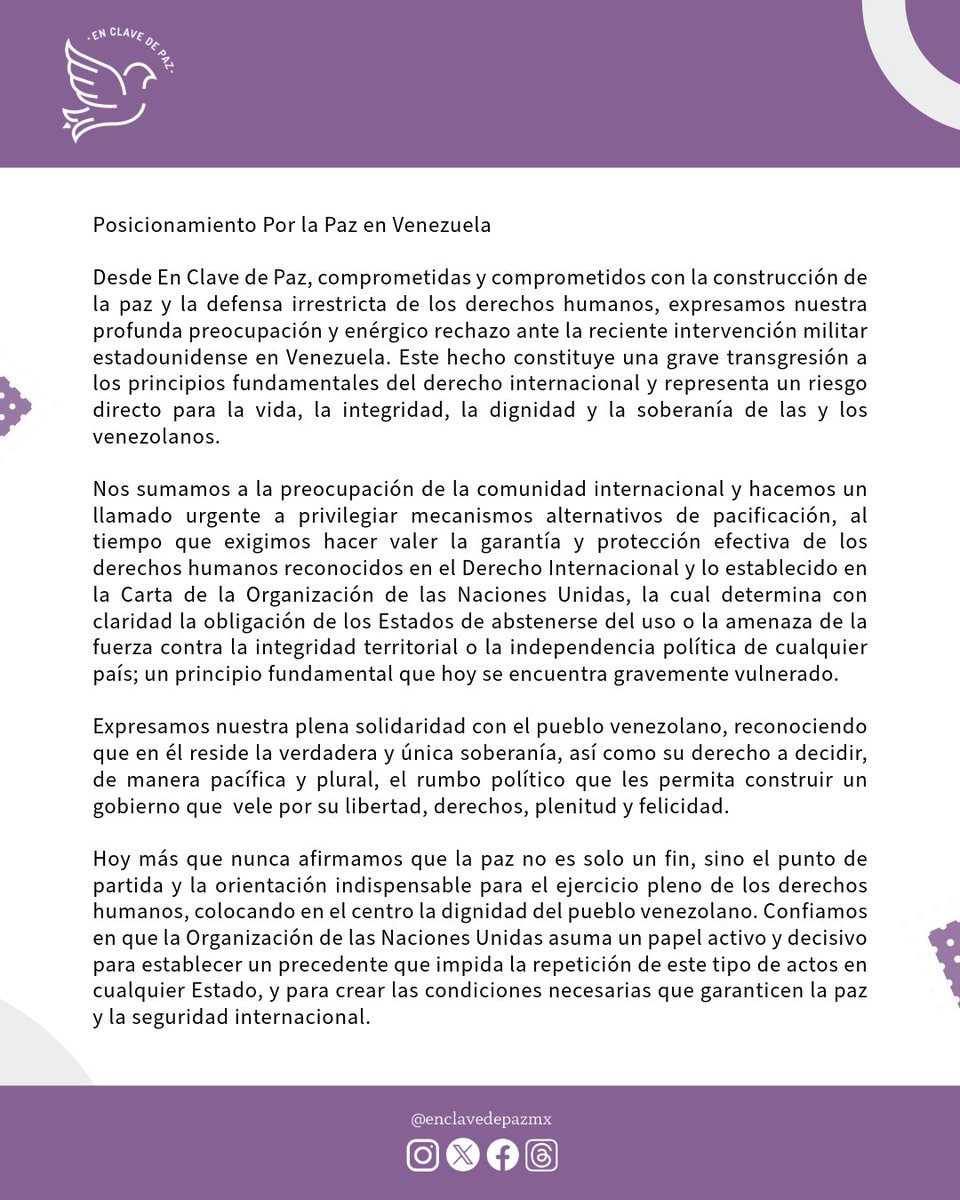 Desde #EnClaveDePaz expresamos nuestra profunda preocupación y rechazo ante los hechos recientes en Venezuela.

Creemos en el diálogo, la dignidad de los pueblos y en la paz como base de toda convivencia justa 🕊️