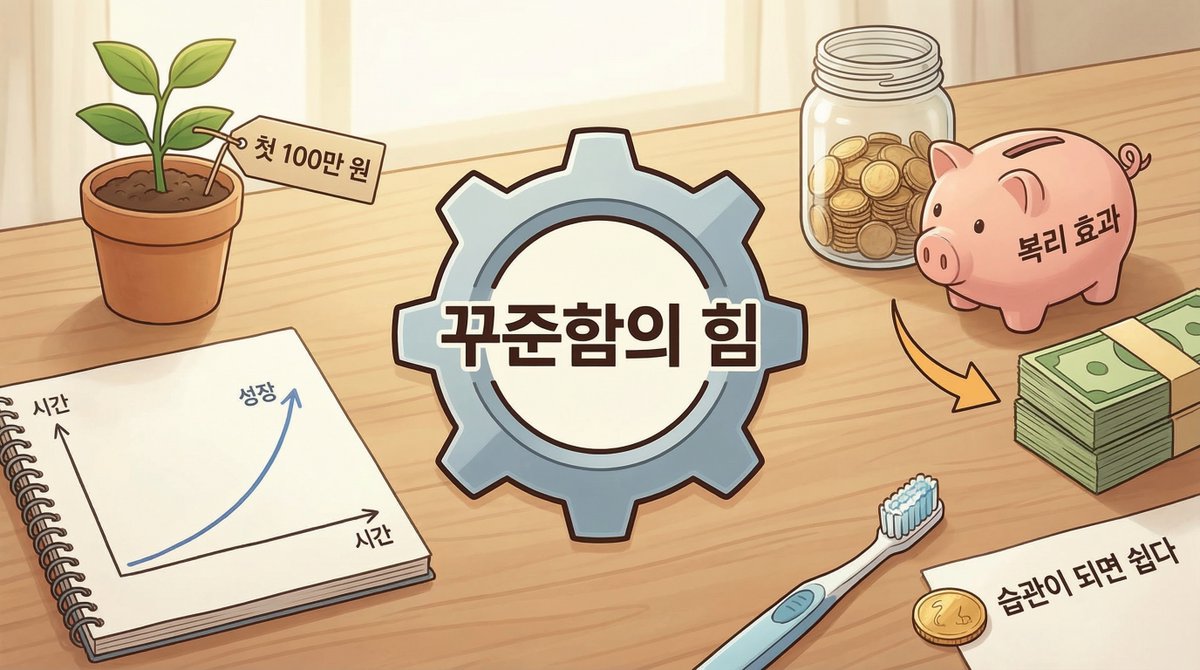 부를 쌓는 게 어렵다고 생각하는 사람들이 많은데요. 사실 주차하는 법 배우는 것보다 쉬울 수도 있어요.

부자가 된 사람들과 못 된 사람들의 차이가 지식이나 운이나 수입이 아니에요. 훨씬 단순해요. 바로 꾸준함이에요. 다른 사람들이 지름길 찾는 동안 매달 나타나서 지루한 일을 하는 거예요.