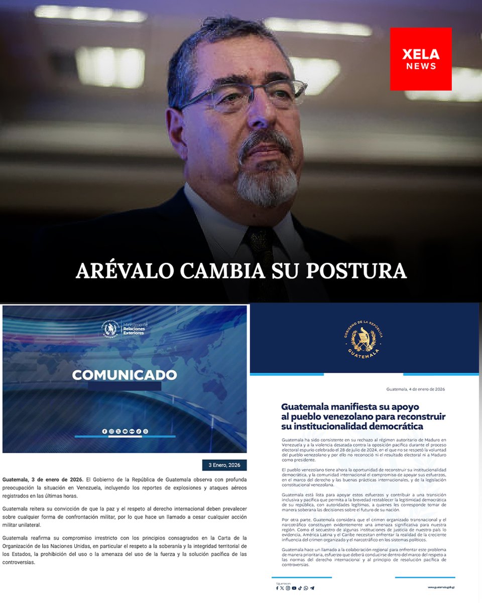 XelaNewsGt's tweet image. ARÉVALO CAMBIA SU POSTURA, EN RELACIÓN A LA CAPTURA DE SU CAMARADA Y ALIADO, EL NARCOTERRORISTA NICOLÁS MADURO.
Como lo que es, un cobarde, el presidente guatemalteco @BArevalodeLeon, luego que evidenciaremos su apoyo al presidente venezolano, @NicolasMaduro, luego de la captura…