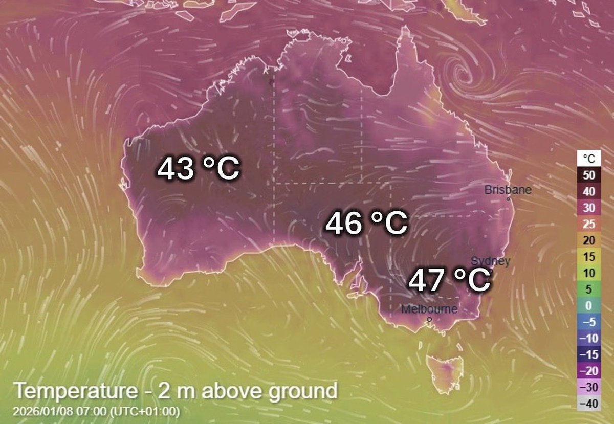 PGDynes's tweet image. Australia to bake this week — 47 °C (116.6 °F) in places.
In a 1.5 °C world, many regions are already hitting mid 40s.
At 2 °C, which could happen before mid century, Australia risks being one of the first G20 countries to edge toward large-scale uninhabitability.