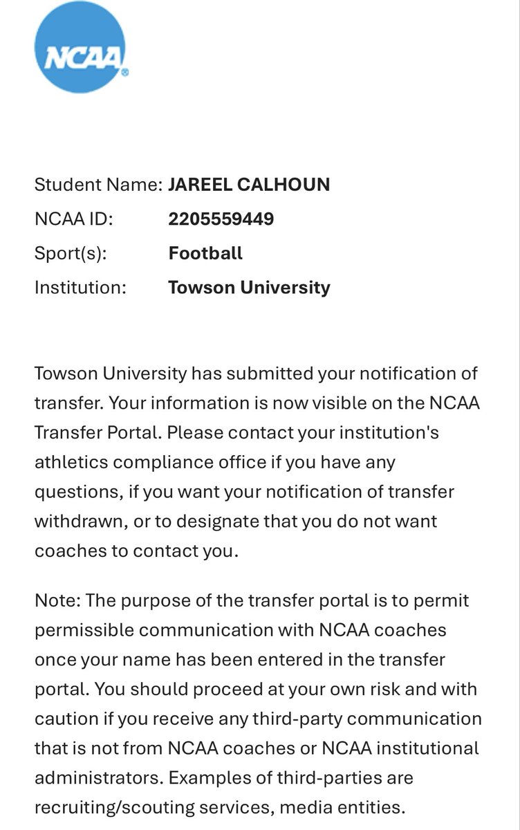 JareelCalhoun's tweet image. Officially in the portal, my recruitment is wide open. 

Jareel Calhoun 
Towson University (R-Fr)
4 yrs of eligibility 
Outside/Slot Receiver 
Gpa:3.190 (transcript on hand)
5’10” 170lbs 
Email: CalhounJareel@gmail.com
Phone: 908.397.3412