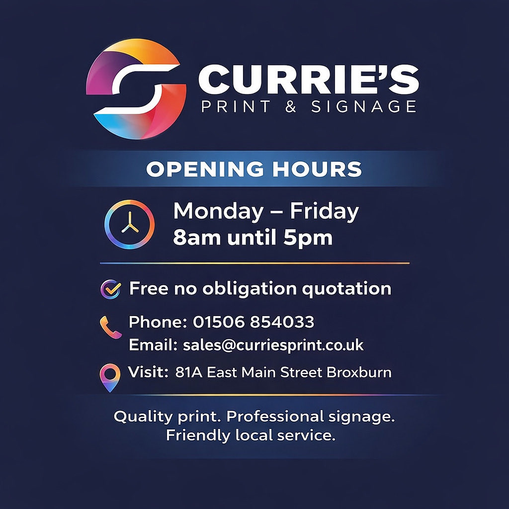 curries_print's tweet image. Open - 

Monday – Friday
8am – 5pm

✅ Free, no-obligation quotations

📞 Phone: 01506 854033
📧 Email: sales@curriesprint.co.uk
📍 Visit us: 81A East Main Street, Broxburn

#signmaking #signwriter #signdesign #printingcompany #businesssigns #externalsignage #2026 #newgoals