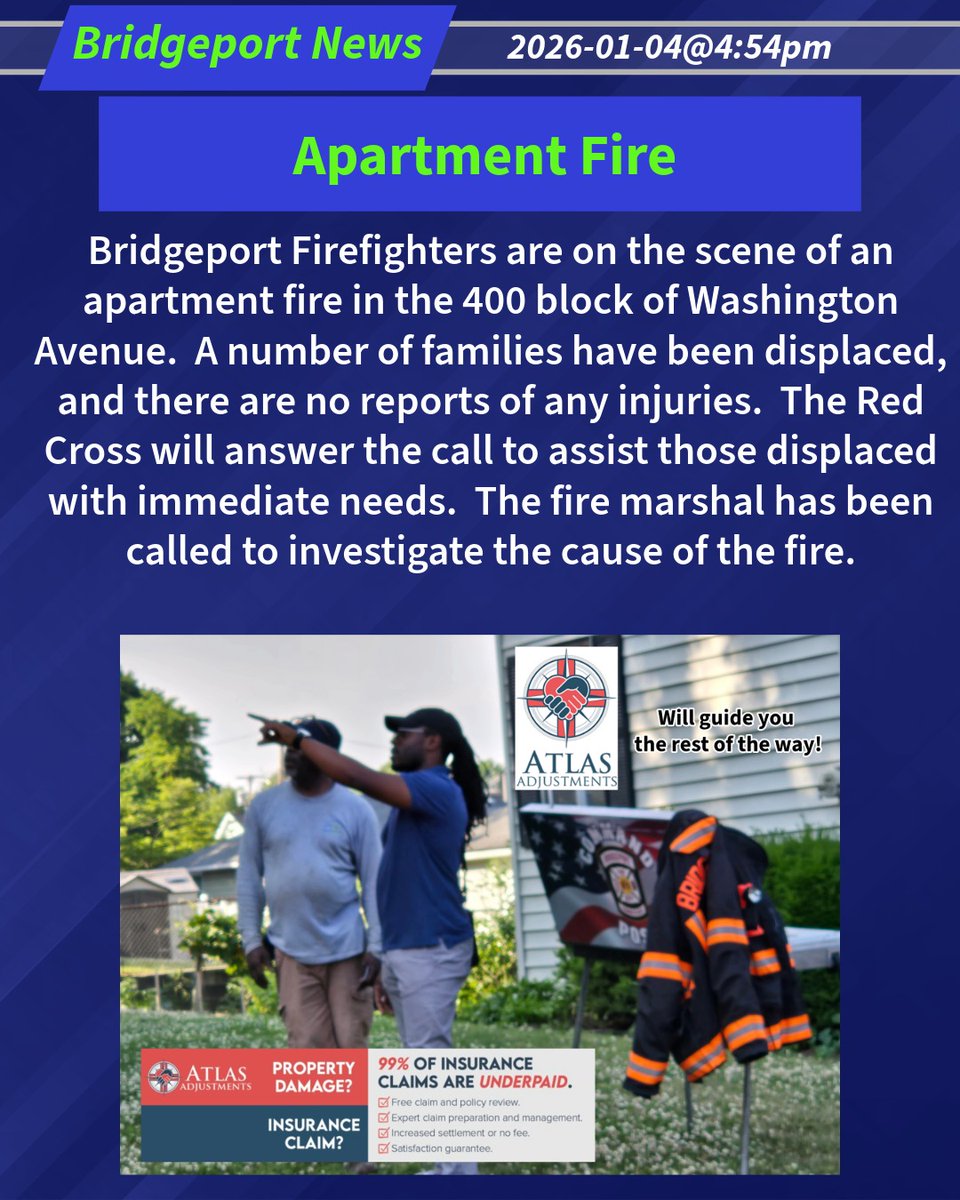 DoingItLocalcom's tweet image. Apartment Fire
Bridgeport Firefighters are on the scene of an apartment fire in the 400 block of Washington Avenue.  A number of families have been displaced, and there are no reports of any injuries.  
2026-01-04@4:54pm-- #Bridgeport CT #ctfire