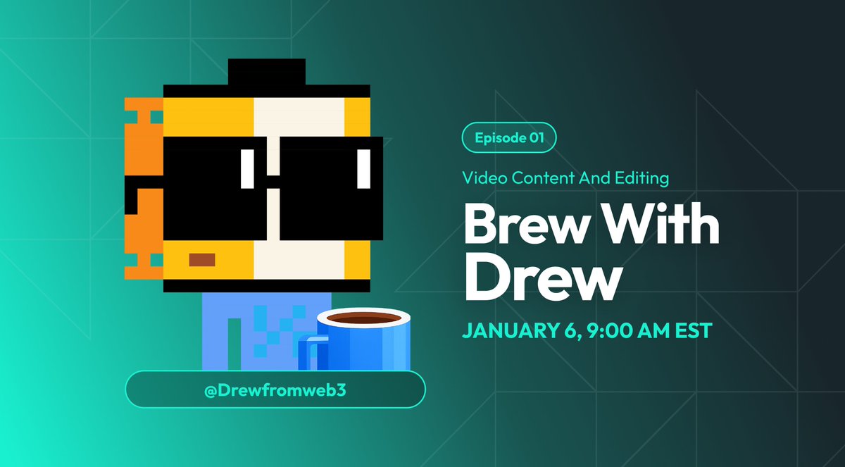 BREW WITH DREW - WEEKLY SPACES ☕️

I'm excited to announce that I will be hosting my own Spaces every Tuesday at 9am starting tomorrow !

This spaces will mainly cover : 
→ Content creation 
→ Marketing 
→ Personal branding 
→ Video editing
→ Crypto

The goal is to make sure