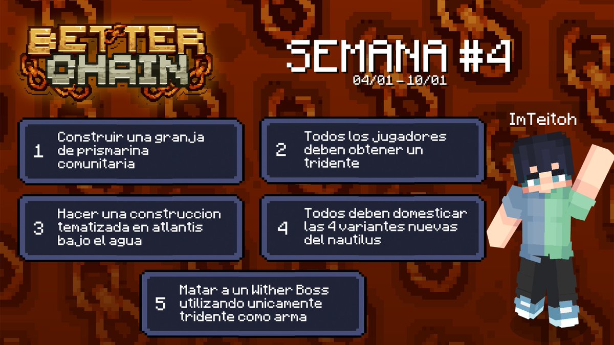 ¡Les presentamos las condiciones de esta cuarta semana!  2/5

Veremos que como va con 8/30 jugadores...

#BetterChain #minecraft #vanilla #novapx