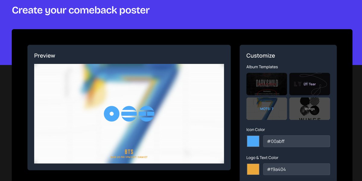 b_cdapp's tweet image. Create your comeback poster and share yours!

✍️ b-cd.app/bt5poster 🎨