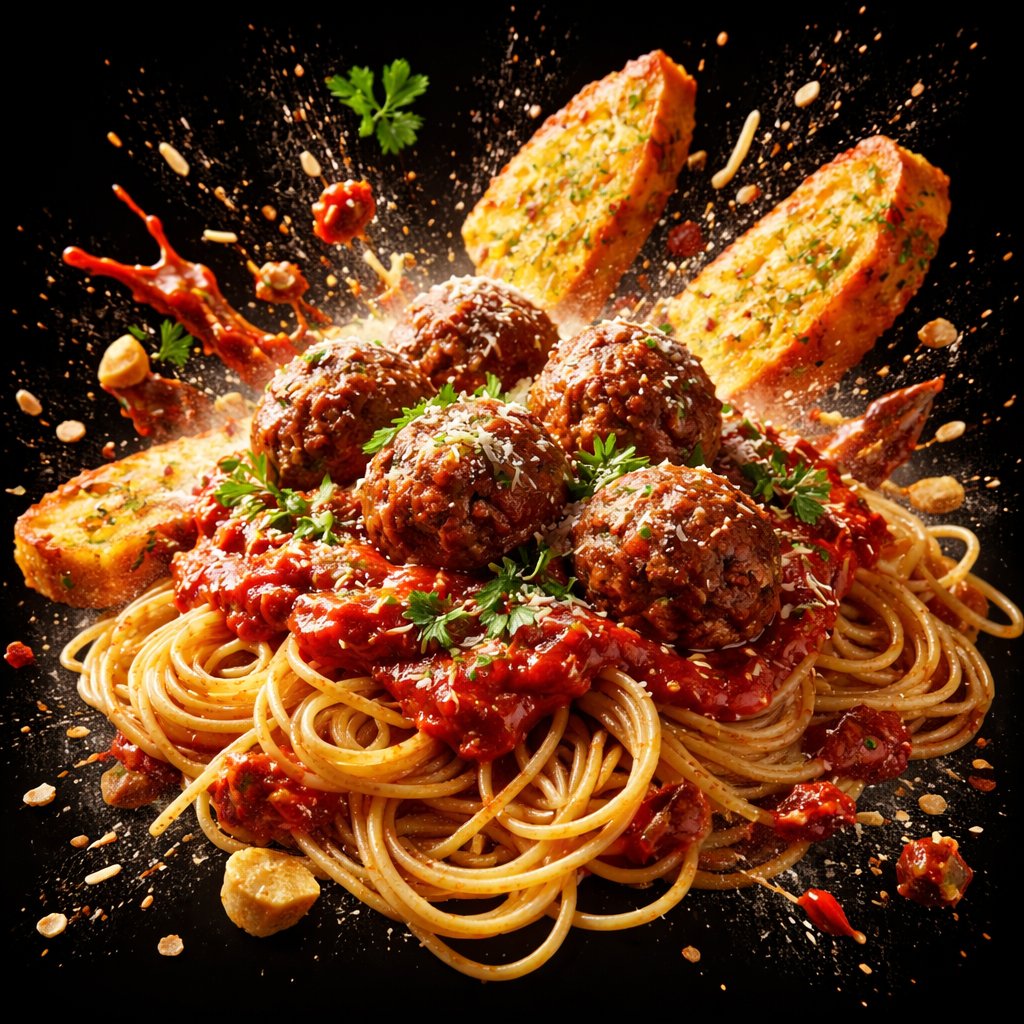 UncleMikeyUX's tweet photo. @Kerroudjm @atomu_ai Super cool prompt! Thanks for sharing! Thought I'd try your prompt with spaghetti and meatballs... turned out pretty good! https://t.co/HwOq4O3Igl
