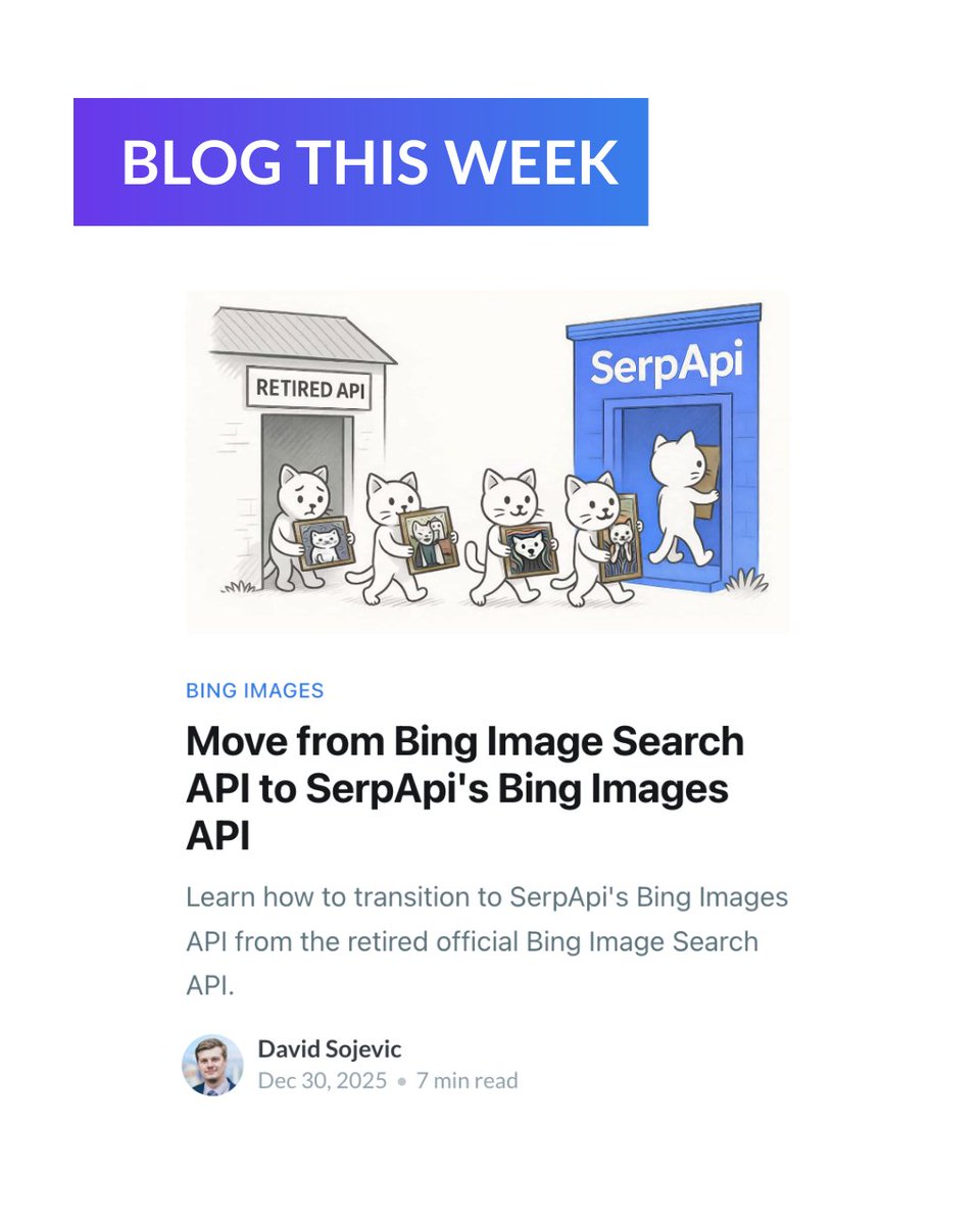 serp_api's tweet photo. Weโve been working on something new! ๐ง
Check out our latest blog post to see how you can use SerpApi's Bing Images API.
Read more ๐ https://t.co/WNtygdCAJh
#SerpApi #SearchEngine #Scraping #Serp #SearchEngineScraping #APIs https://t.co/wSnq1Tvenx