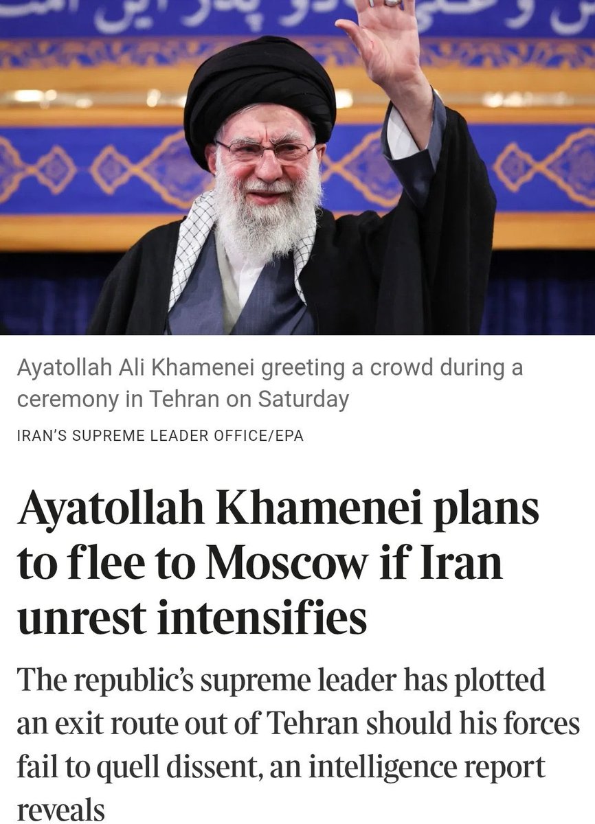 Osint613's tweet image. REPORT 🔴

An intelligence report cited by The Times says Iran’s supreme leader Ayatollah Ali Khamenei has prepared a contingency plan to leave Tehran, potentially heading to Moscow, if unrest spreads nationwide and security forces begin to defy orders.

The report says the plan…