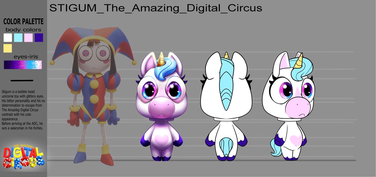 rosewingathe's tweet photo. So I created a character who could exist in the TADC universe.
I also thought of a unicorn, a mystical animal much loved in the toy world, and associated it with something like Pet Shop and the Bobblehead, a mythical figurine.
#tadc #fanart #charadesign #TheAmazingDigitalCircus https://t.co/0r0YSotUNN