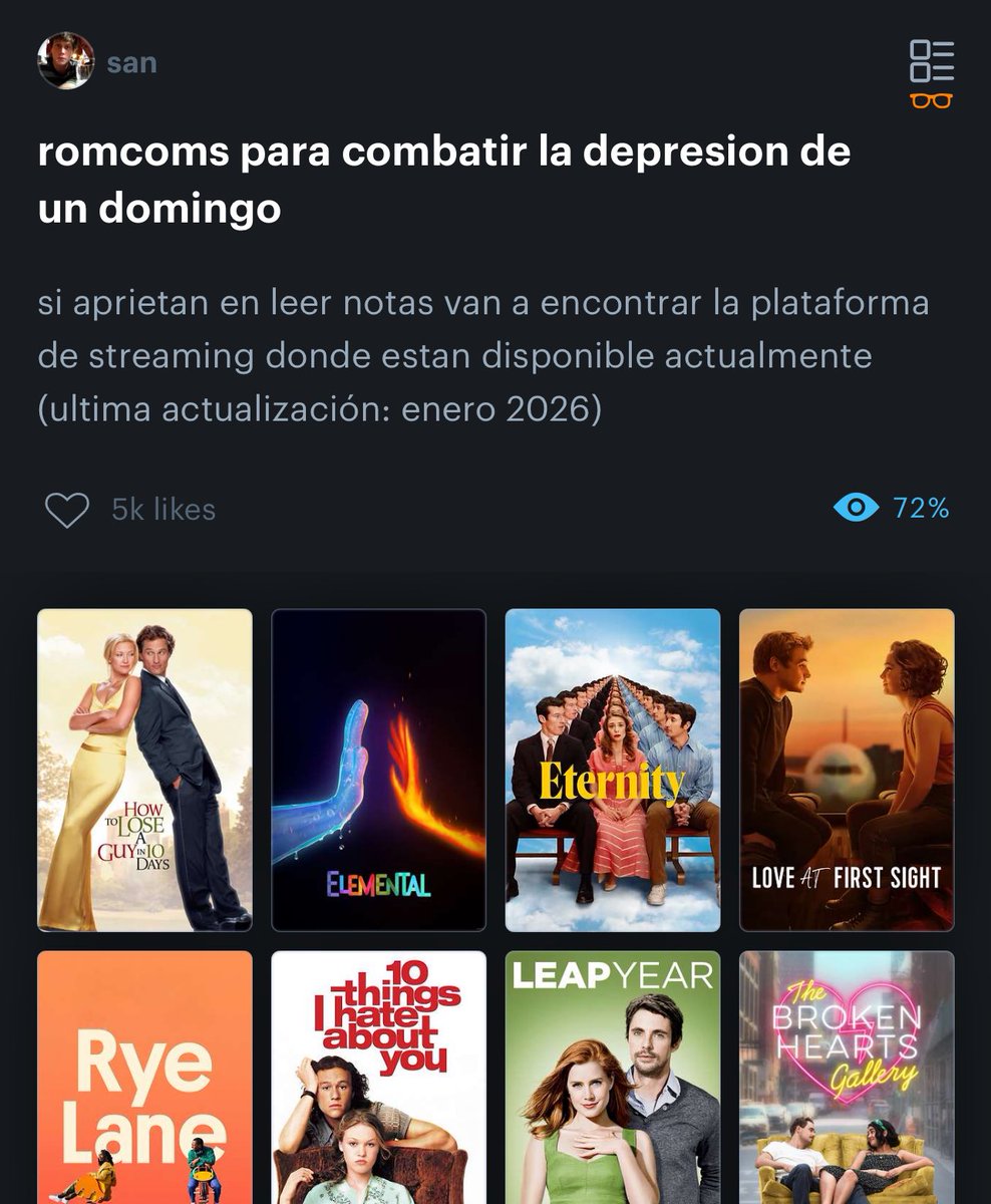 actualice mi lista d romcoms para no caer en la depresión d un domingo con nuevas películas y las nuevas plataformas de stream donde están disponibles por si a alguien le interesa igual si tienen otras para agregar comenten!! 🕺🏻