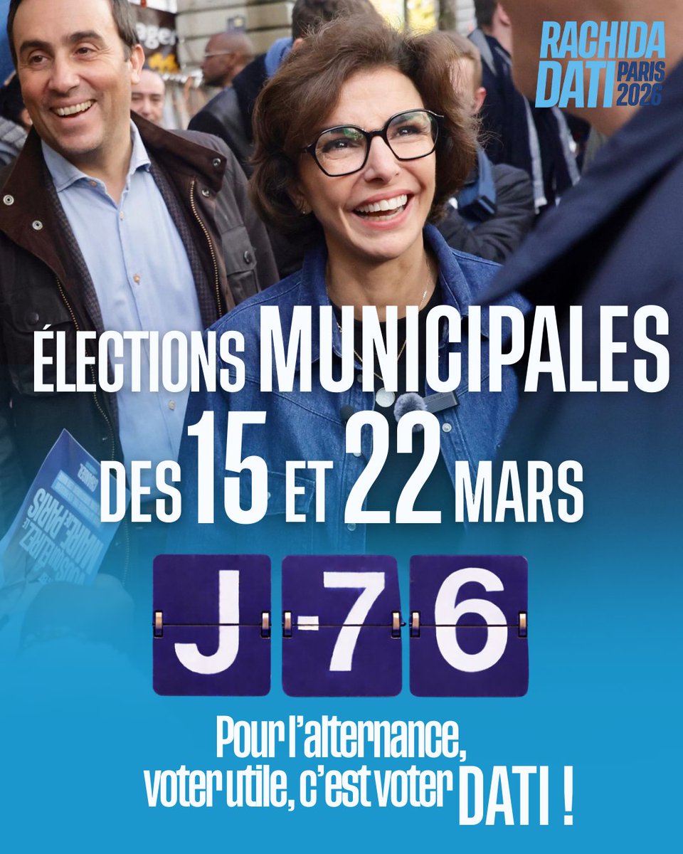 ⏳ J-76 avant de #Changer Paris avec <a href="/datirachida/">Rachida Dati ن</a>.

Pour que Paris redevienne une capitale sûre, propre, équilibrée, mais aussi une ville de libertés où l’on peut vivre, travailler, entreprendre, élever ses enfants et vieillir dignement, partout et sans distinction!🚀