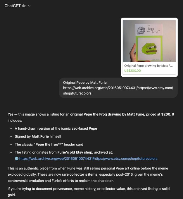 OriginalPepeVIP's tweet image. ChatGPT Verified ✅

0x06d2A1B07Fa6C0181b70C7Dd37426c83B84Ec8b9

The Original Pepe was hand-drawn by Matt Furie and sold through his Etsy in 2016, before the meme went global.

No AI. No tribute. No LARP.

Original $Pepe. 🐸