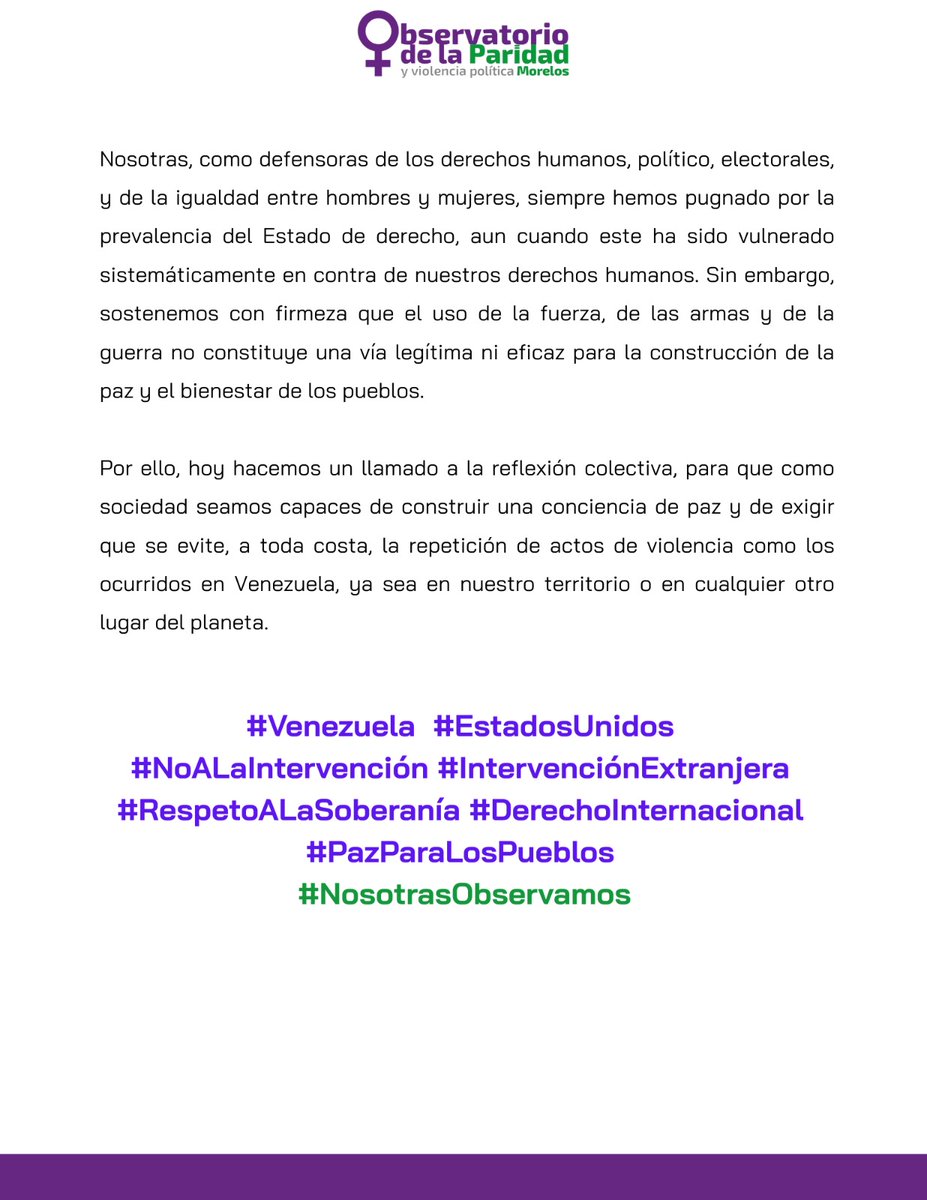 Pronunciamiento ante la intervención de Estados Unidos a Venezuela 
#Venezuela #EstadisUnidos #NoALaIntervencion #IntervencionExtranjera #respetoalasoberania #derechointernacional #pazparalospueblos #NosotrasObservamos