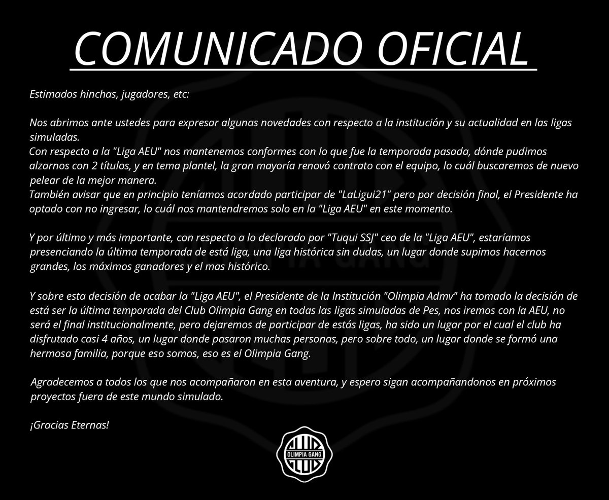Comunicado Oficial | Club Olimpia Gang

-Consejo y Junta Directiva.