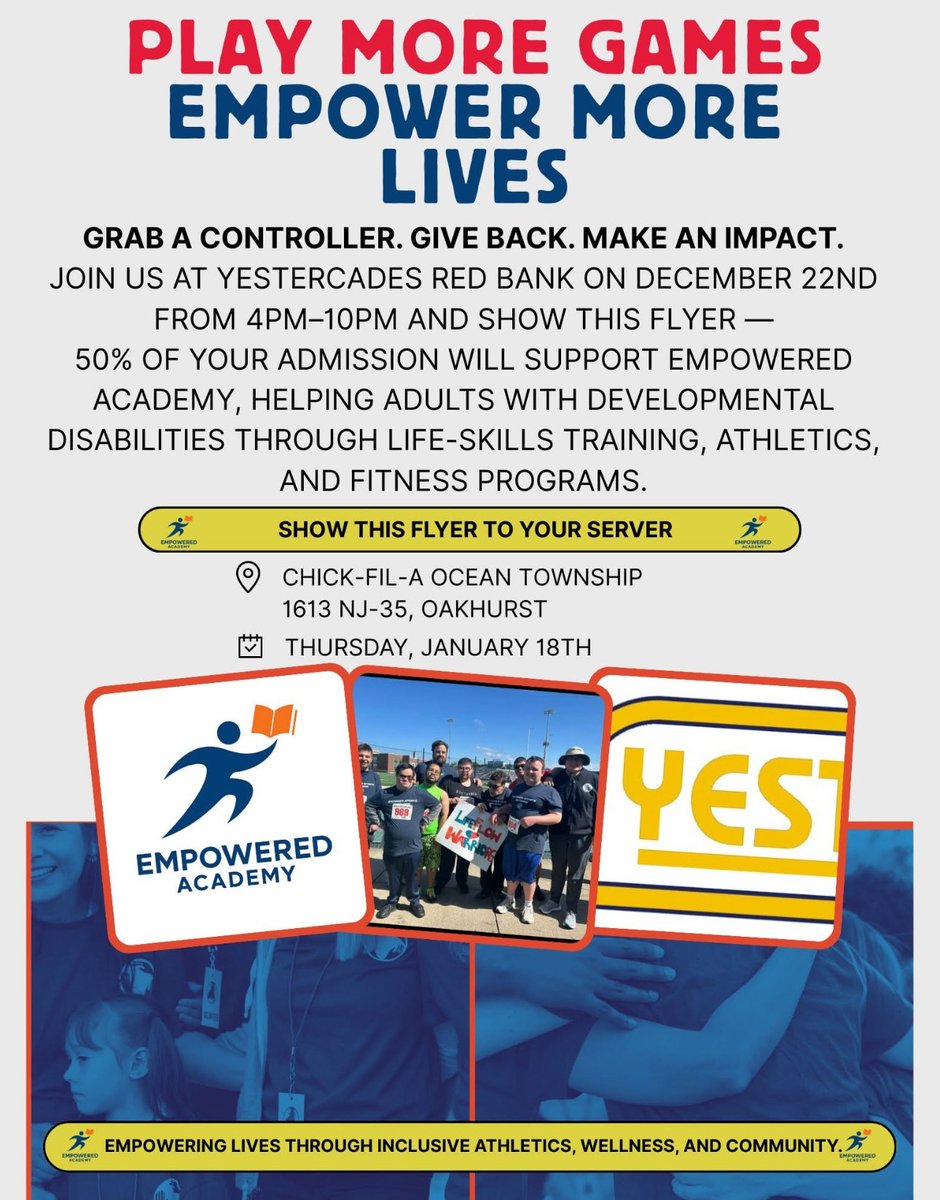 JonKalnas's tweet image. Show this flyer at Chick-fil-A Ocean Twp. Jan 18th, &amp;amp; a portion of your purchase will support Empowered Academy.

Your support helps adults w/ developmental disabilities build life skills, confidence, &amp;amp; community through inclusive athletics, wellness, &amp;amp; fitness programs.