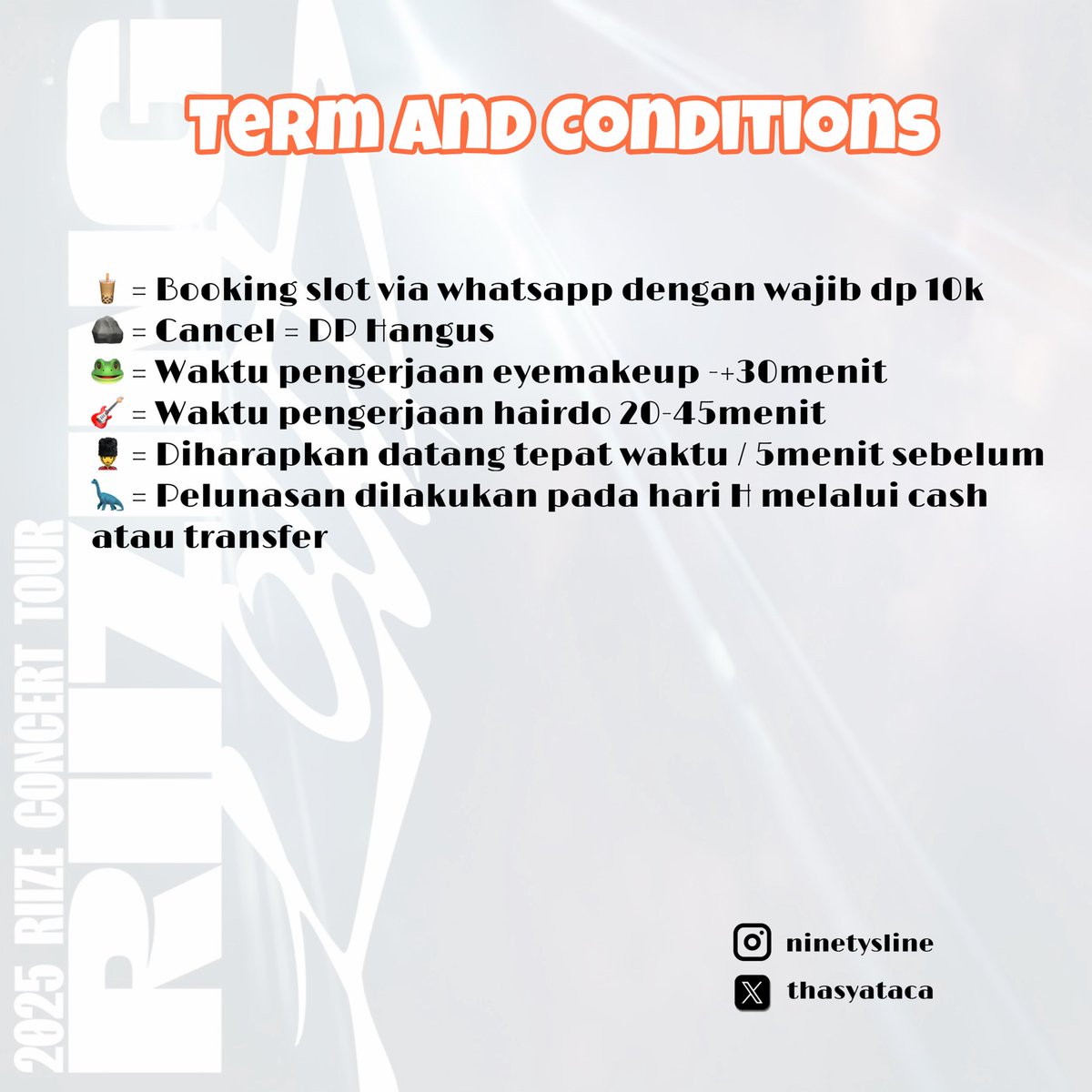 🧡OPEN JASA MAKEUP &amp; HAIRDO 
RIIZING LOUD IN JAKARTA 🧡

Hi briize book now!💂🏻‍♀️

. Open for any request .

📆 : 10 Januari 2026
📍 : ICE BSD 

Bisa langsung bookslot via dm X / IG❣️

ig : ninetysline instagram.com/ninetysline?ig…

#RIIZINGLOUD_IN_JAKARTA
#riizingloudinjakarta
#RIIZE