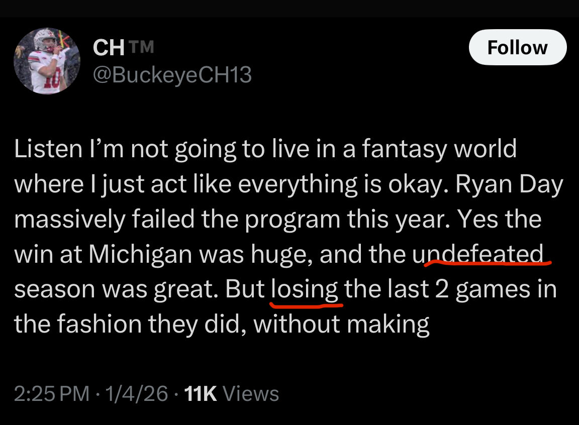 Absolutely heartbreaking: Ohio State fan doesn’t know that an undefeated season is when you actually don’t lose at all. Like 2023 Michigan for example
