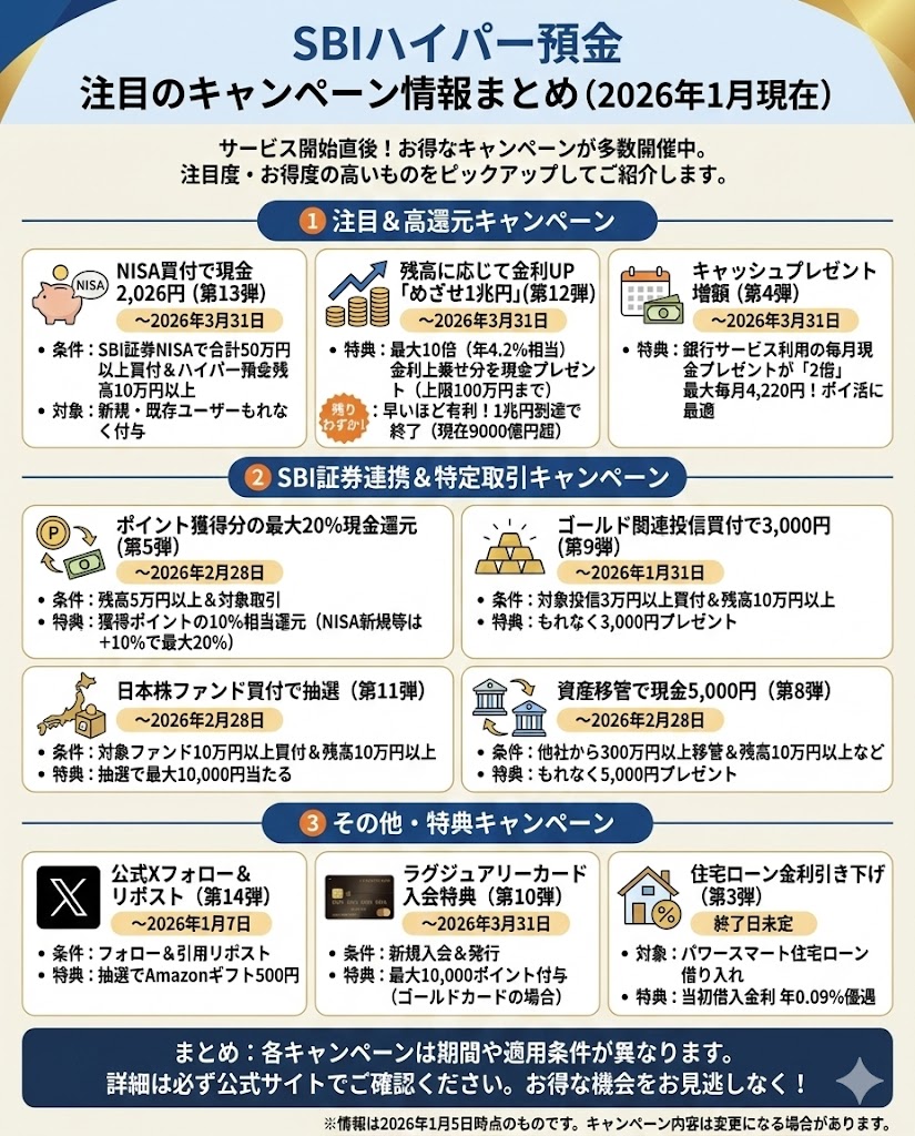 SBI新生銀行のハイパー預金キャンペーン NISA口座での買付で現金2,026円プレゼント（第13弾） 本日1月5日～3月31日まで  ✓3月31日時点でハイパー預金残高10万円以上 ✓SBI証券のNISA口座で3月31日までに株式または投資信託を合計50万円以上買付  もれなく2,026円✨既存 ...