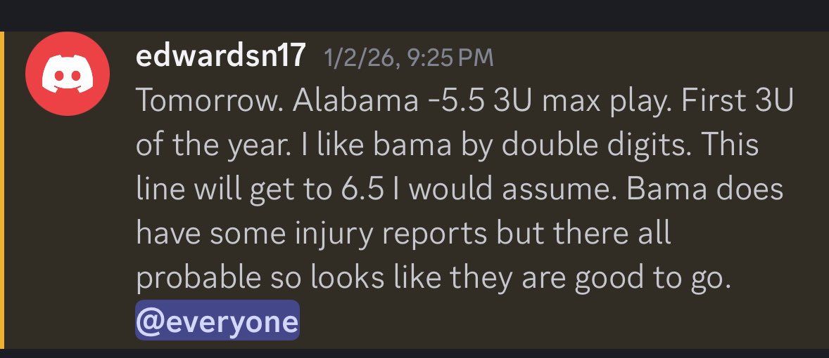 OnlyWinners17's tweet photo. Had Alabama Saturday as a 3U max play. First of the year and it cashed. Have a 2U for tomorrow. Let’s gooooo!!!! Join the free discord link in my profile for all plays. https://t.co/i2ygzSDSvz