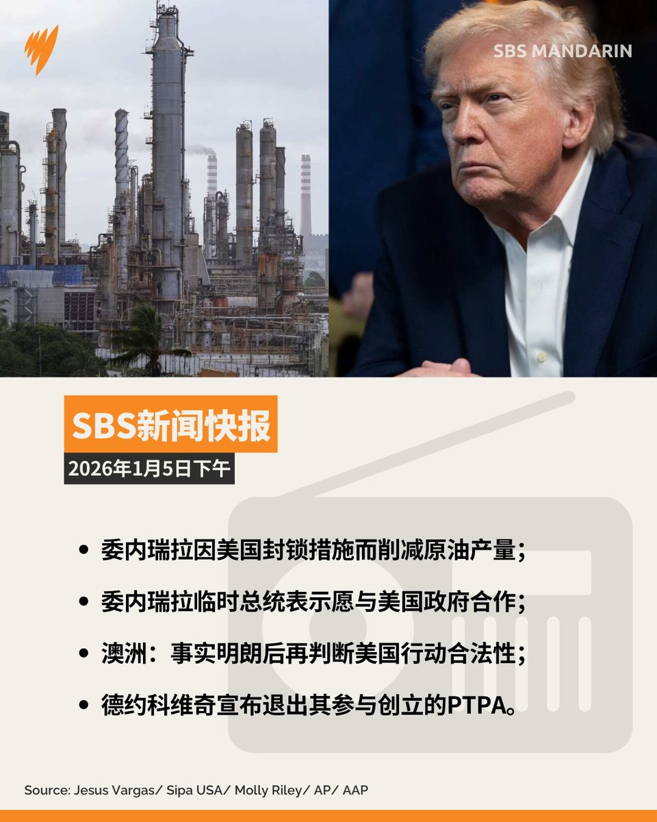 SBS新闻快报美国持续禁运石油，委内瑞拉国家石油公司（PDVSA）储存能力接近极限，被迫削减原油产量；在总统马杜罗被美军带走后，委内瑞拉临时总统目前表示愿与特朗普政府合作。  点击链接收听：https://t.co/HP5cZ1z2Xx #马杜罗被抓#