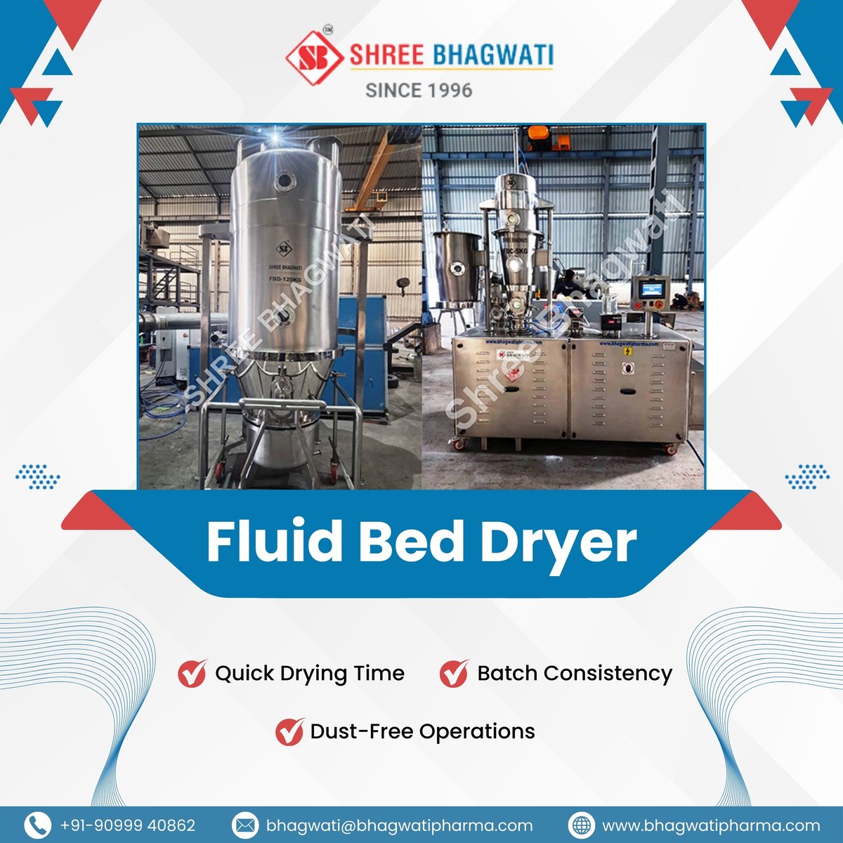 bhagwatipharma1's tweet image. Quick drying for higher efficiency, less downtime, and smoother pharma processing. Dust-free operation helps keep the area clean and reduces contamination risks.

For more details visit:  bhagwatipharma.com/fluid-bed-drye…

#ShreeBhagwatiPharma #FluidBedDryer #QuickDrying #ConsistentResults
