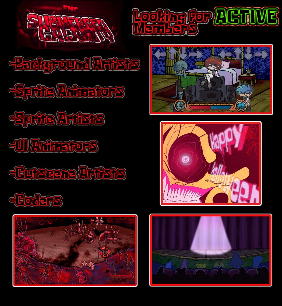 LF Active People for Submerged Calamity. We're looking for active people to help us make stable progress on it. We want to escape development hell. If you're interested in, DM: rafa2008 or ray_da_na on Discord
#fridaynightfunkin #fnfmod #SpongeBobSquarepants #creepypasta #fnfmods