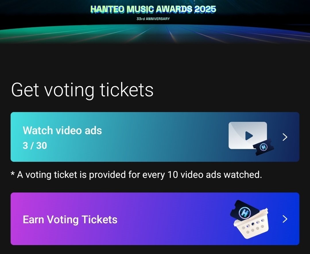 📣 Carats, start collecting in mubeat for HMA Daesang Voting! We won't be voting using beats for HMA

✰ We can earn 1 HMA ticket by watching 3 ads.
✰ 30 ads per day. Cooldown time of 30sec in between each ad.

➷ Click here to get to collecting section : mubeat.applink.info/dum55bgeU7