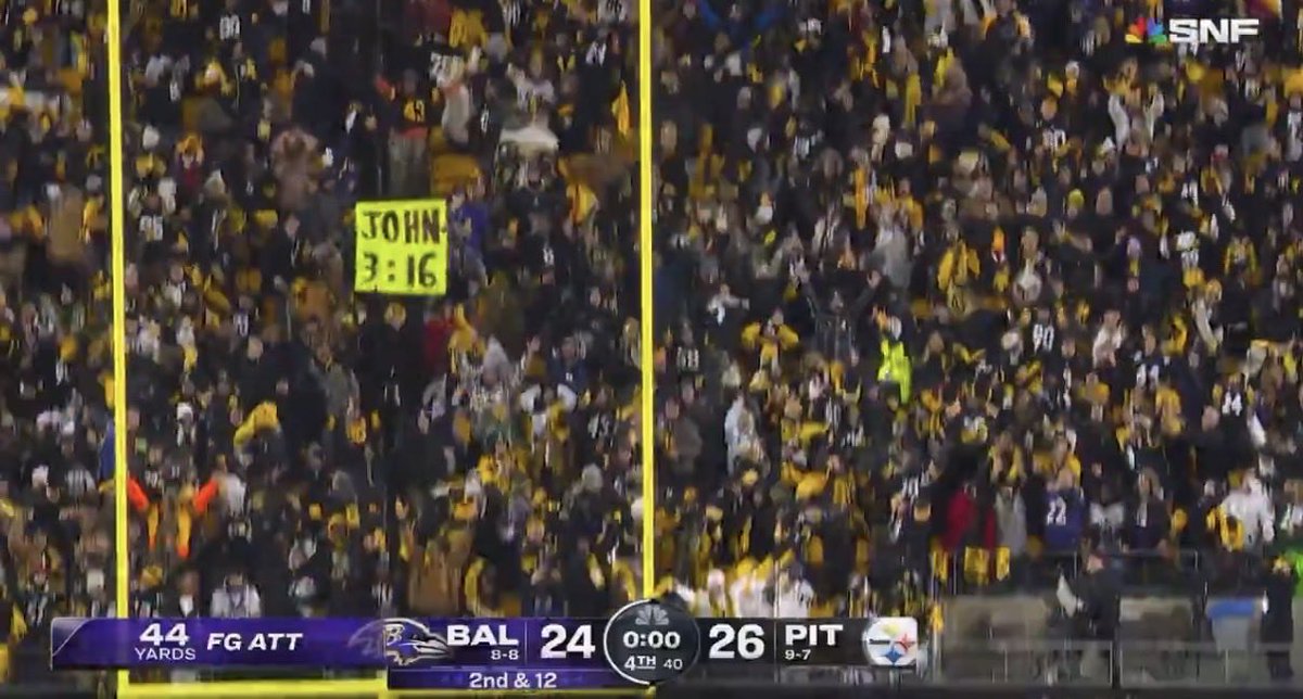 heimersam1's tweet photo. If this John 3:16 sign isn’t a Vegas call idk what is. Same sign at both the Steelers Ravens and IU OSU game during pivotal missed field goals https://t.co/mj2HTabzrU
