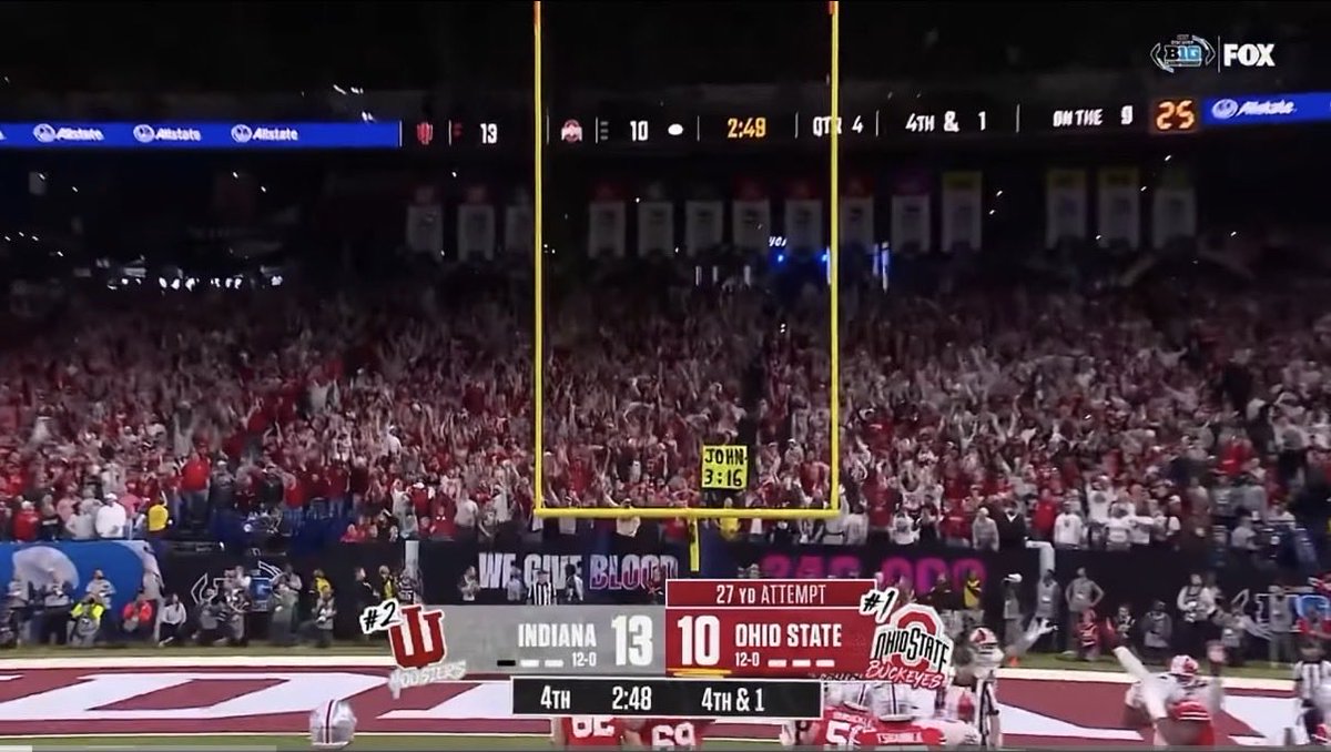 heimersam1's tweet photo. If this John 3:16 sign isn’t a Vegas call idk what is. Same sign at both the Steelers Ravens and IU OSU game during pivotal missed field goals https://t.co/mj2HTabzrU